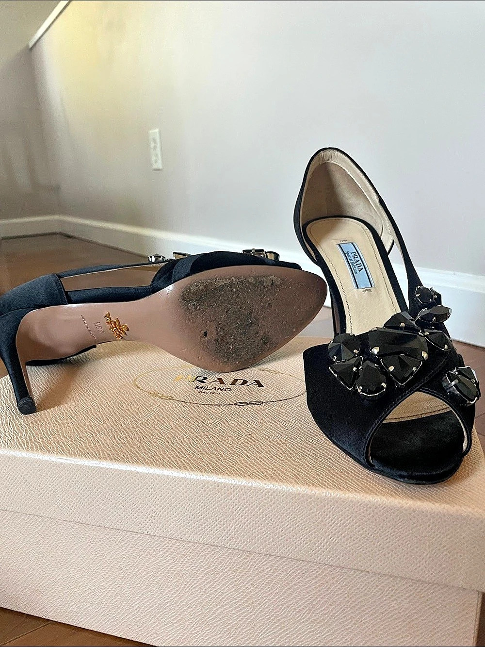 Prada Special Edition Crystal Embellished Satin Peep-Toe Pumps Black EU38/5 - Picture 3 of 4